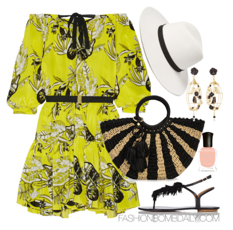 What to Wear on a Vacation to Cuba I.D. Sarrieri Off-the-shoulder printed dress Aquazzura Wild Thing T-Strap Sandals Henri Bendel Stripe Basket Tote Janessa Leone Camellia Fedora