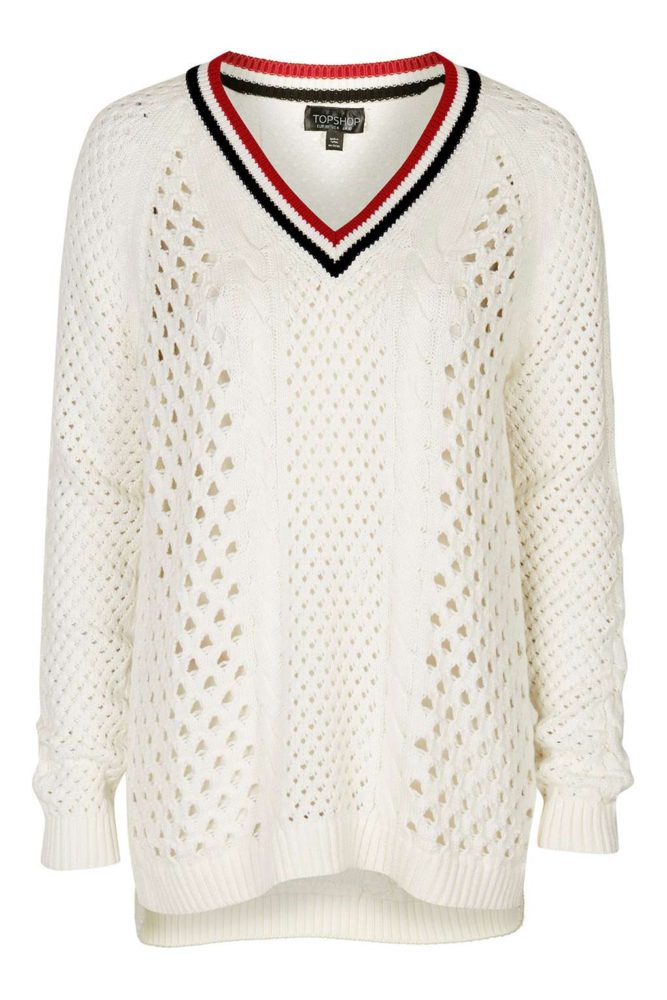 1 Rita Ora's 50 Shades Darker Set Topshop Cream Open Stitch Contrast Stripe Varsity Cricket Sweater