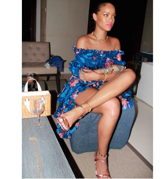 10 Rihanna's Instagram Turks & Caicos Faith Connexion Blue Floral Print Off The Shoulder Ruffle Trim Short Sleeve Dress And Gucci Metallic Pink And Red Leather Sandals