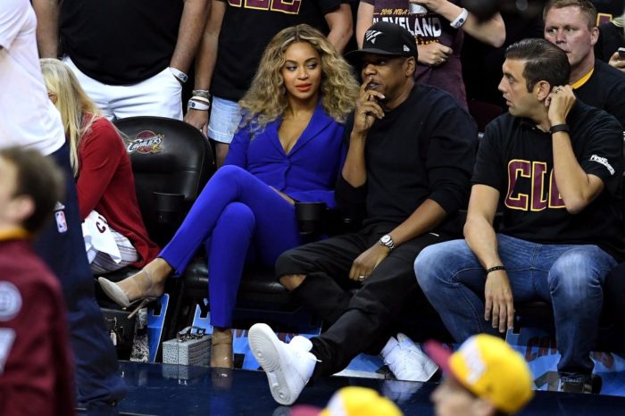 2 Beyonce's Cavaliers vs. Golden State Game Blue Suit and Gianvito Rossi Virtua Perspex and Leather Mules