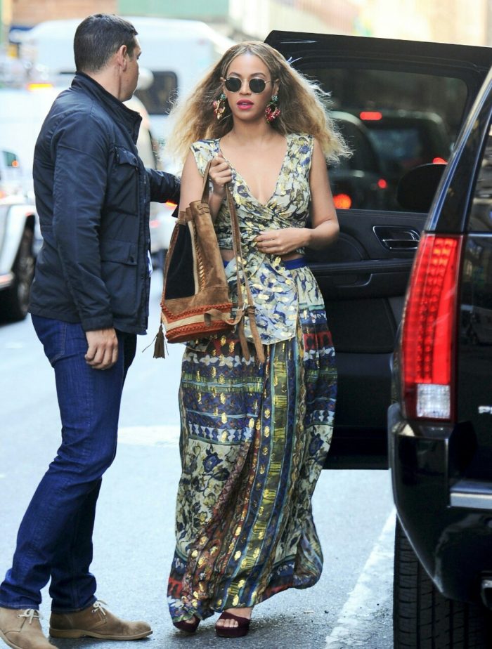 2 Beyonce's New York City Alberta Ferretti Printed Wrap Top, Green and Red Pattern Maxi Skirt, and Azzedine Alaia Sandals
