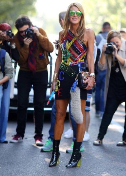 Anna Dello Russo showed festive colors at Milan Fashion Week rocking perspex heels