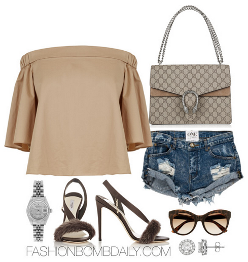 Spring 2016 Style Inspiration 5 Ways to Wear Embellished Heels Gucci Dionysus shoulder bag Olgana L'Amazone Sandals Tibi Off-the-Shoulder Top
