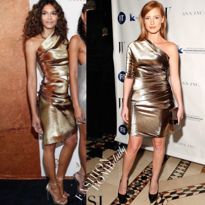 Who Wore It Better? Heidy de la Rosa vs. Jessica Chastain in Lanvin's Resort 2014 Gold Lamé One Shoulder Dress