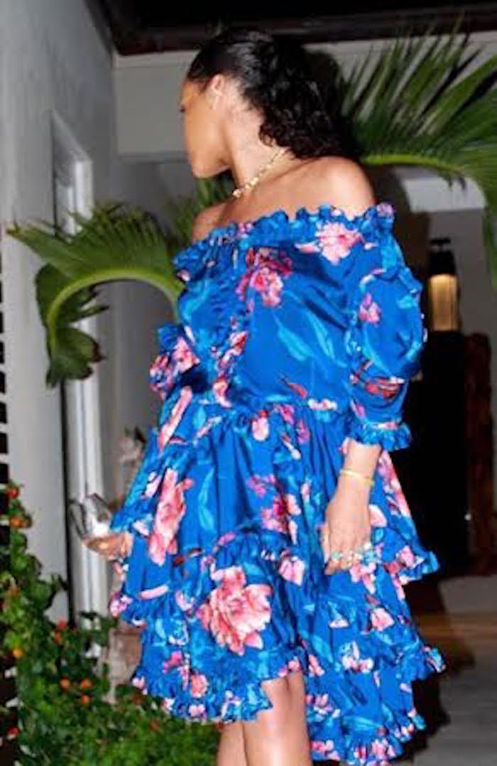 rihanna-instagram-turks-caicos-faith-connexion-blue-floral-print-silk-ruffle-trim-short-sleeve-dress