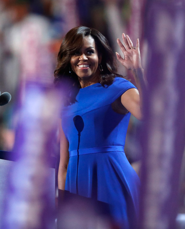 1 First Lady Michelle Obama Gives Speech at DNC in Royal Blue Christian Siriano Sheath Dress