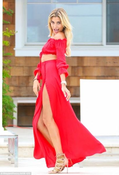 Hot-or-hmm-hailey-baldwin-revolve-in-the-hamptons-majorelle-sangria-top-and-maxi-skirt-brian-atwood-GEM-lace-up-sandals-2