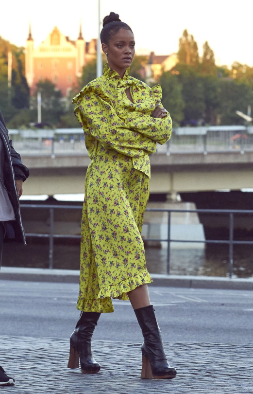 Rihanna's Sweden Vetements Ruffle Trim Yellow Floral Dress