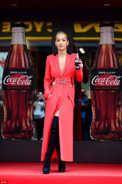 Rita-ora-Coca-cola-launch-party-Antonio-berardi-fall-2016-red-coat