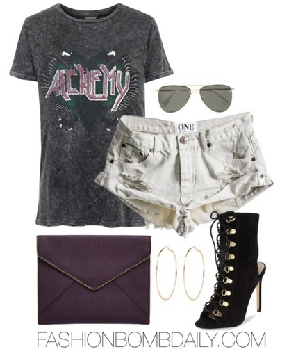 Summer 2016 Style Inspiration 4 Affordable Outfit Ideas Topshop Alchemy Motif Tee One Teaspoon Bandits Shorts Steve Madden Kennee Bootie Rebecca Minkoff Leo Clutch