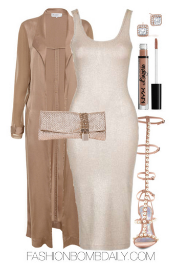 Summer 2016 Style Inspiration What to Wear to Cocktails with Claire House of CB Coryn Rose Gold Duster Coat Topshop Vest Foil Rib Midi Dress Dress Jimmy Choo Chandra Gold Woven Clutch