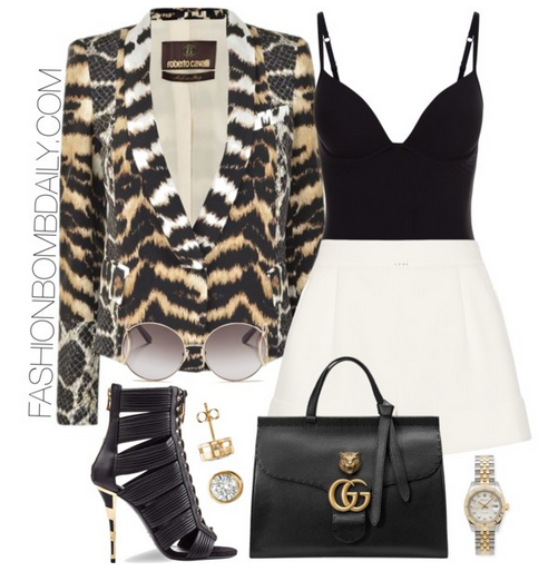 Summer 2016 Style Inspiration What to Wear to Cocktails with Claire Roberto Cavalli Animal Print Jacket Balmain Lace-Up Sandal Gucci GG Marmont Handbag