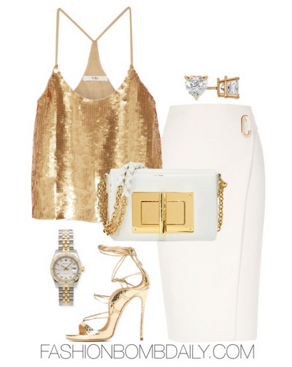 Summer 2016 Style Inspiration What to Wear to Cocktails with Claire Tibi Eclair Cami River Island Wrap Skirt Dsquared 2 Riri Sandals Tom Ford Natalia Crossbody Bag
