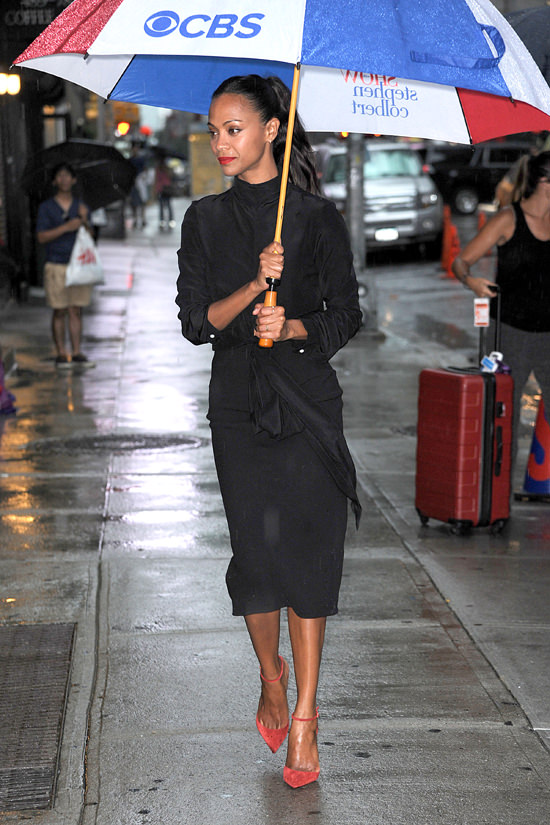Zoe Saldana The Late Show Victoria Beckham Black Crepe de Chine Knot Blouse, Matching High Waisted Pencil Skirt, and Christian Louboutin 'Uptown' Red Ankle Strap Pumps 3