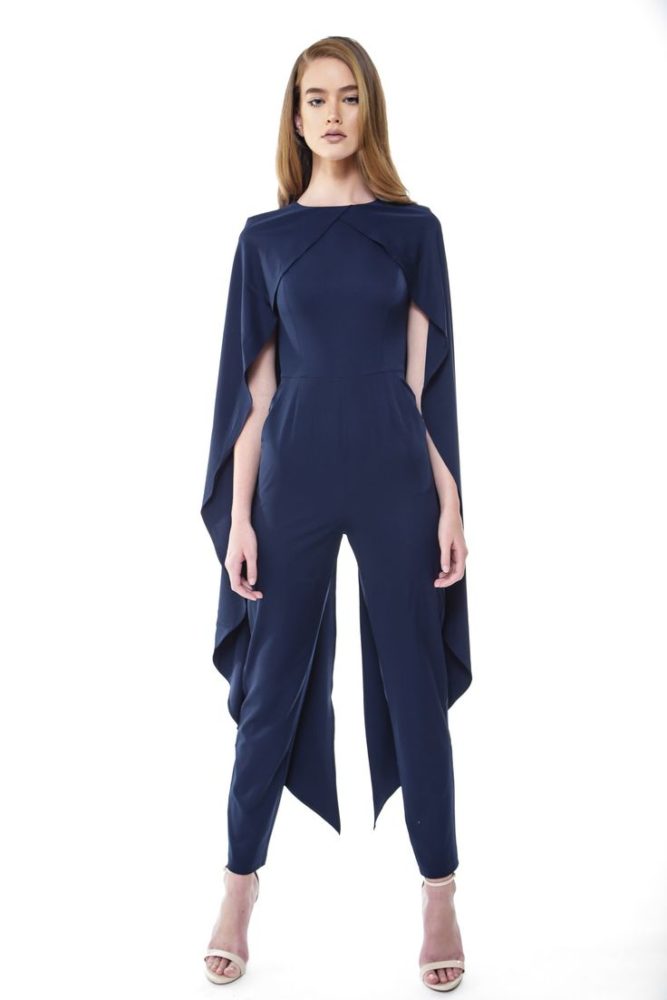 luxe protocol most wanted ruffle top navy cape jumpsuit