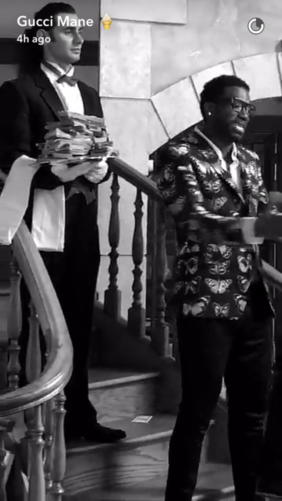 2 Gucci Mane's Snapchat Video Alexander McQueen Fall 2016 Butterly Blazer and Black and Silver Jimmy Choo Loafers
