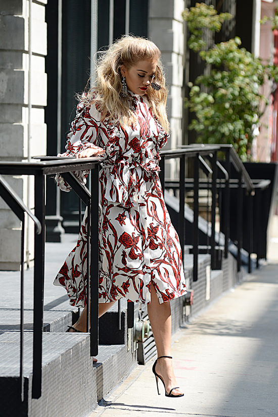2-Rita Ora New York City Ellery Resort 2017 Red, White and Black Printed High Neck Ruffle Trim Long Sleeve Coat Dress