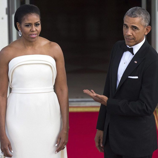 898 First Lady Michelle Obama wears a Custom Brandon Maxwell Strapless Ivory Sponge Crepe Gown to the White House State Dinner
