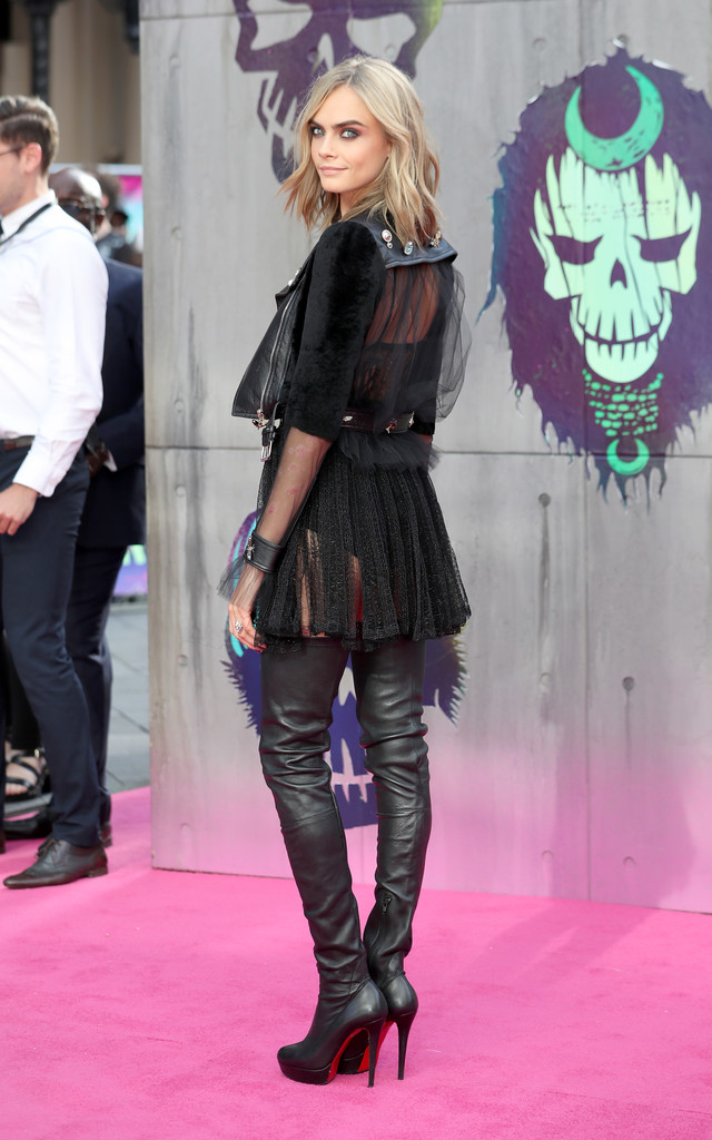 Hot! Or Cara Delevingne's Suicide Squad European Premiere Alexander Fall 2016 Dual-Textured Leather and Velvet Moto Jacket, Sheer Slip Mini and Christian Louboutin 'Gazolina' Leather Over-the-Knee Boots