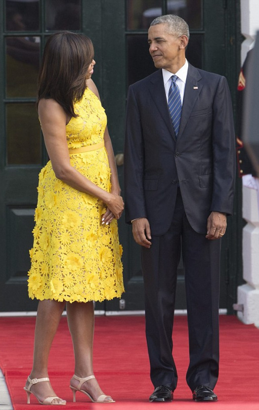 First Lady Michelle Obama Welcomes Wears Yellow Naeem Khan Floral Embroidered Dress