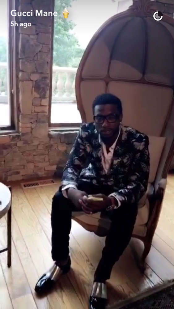 Gucci Mane's Snapchat Video Alexander McQueen Fall 2016 Butterly Blazer and Black and Silver Jimmy Choo Loafers