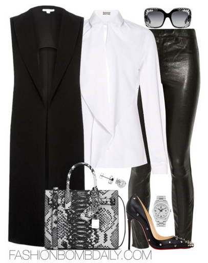 Summer 2016 Style Inspiration What to Wear to Cocktails with Claire Alexis Mabille Tie Neck Shirt J Brand 8001 leather skinny pants YSL Nano Sac de Jour Bag Christian Louboutin Degraspike Pump