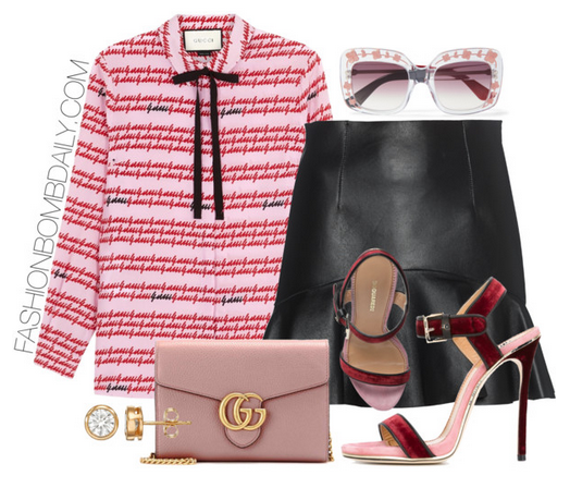 Summer 2016 Style Inspiration What to Wear to Cocktails with Claire Gucci Pink Printed Blouse Dsquared2 Leather Trumpet Skirt Dsquared2 Velvet Sandals Gucci GG Leather Shoulder Bag