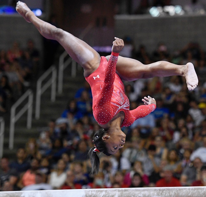 Jul 10, 2016; San Jose, CA, USA; Simone Biles during the balance beam in the women's gymnastics U.S. Olympic team trials at SAP Center. Mandatory Credit: Robert Hanashiro-USA TODAY Sports - RTSHAGN