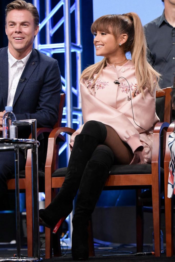 ariana-grande-at-nbc-hairspray-live-panel-tca-summer-press-tour-in-los-angeles-stella-mcartney-floral-embroidered-satin-bomber-jacket