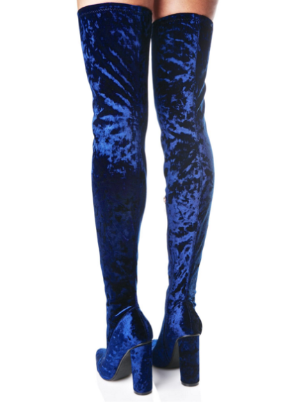 blue velvet thigh high boots