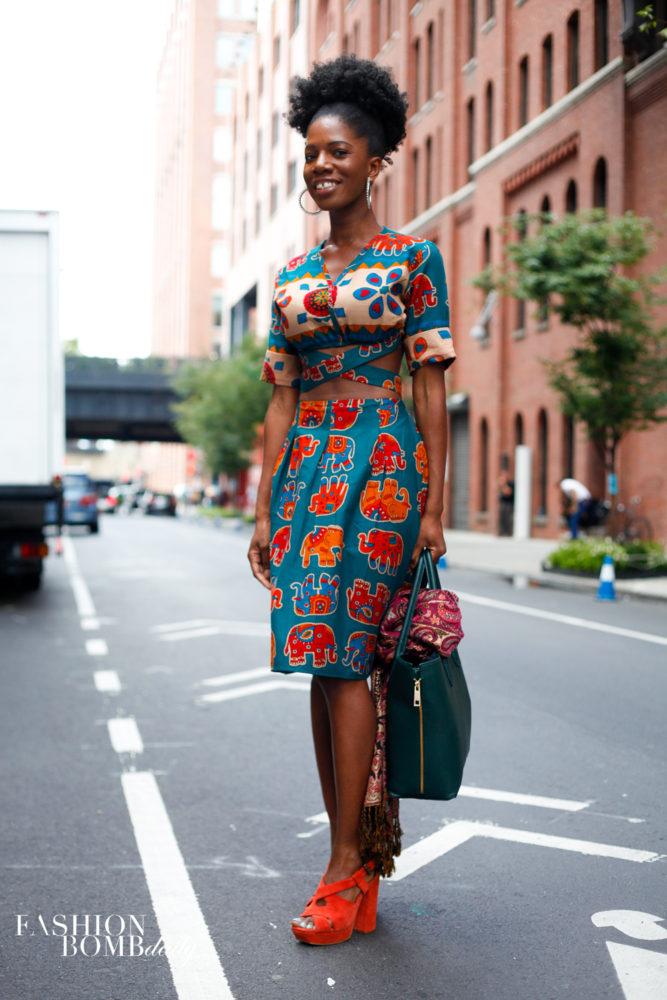 Bold prints were toned down by sizzling shoes and a large tote. Image by Brandon Isralsky.