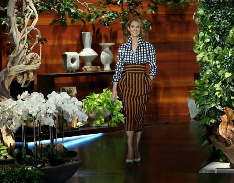 Celine-Dion-Victoria-Beckham-Fall-2016-Gingham-Print-Button-Down-Top-and-High-Waisted-Striped-Midi-Skirt-3