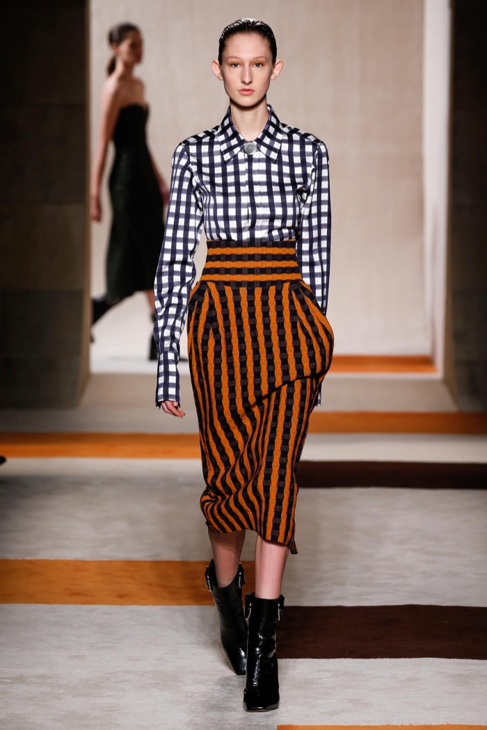 Celine-Dion-Victoria-Beckham-Fall-2016-Gingham-Print-Button-Down-Top-and-High-Waisted-Striped-Midi-Skirt-5
