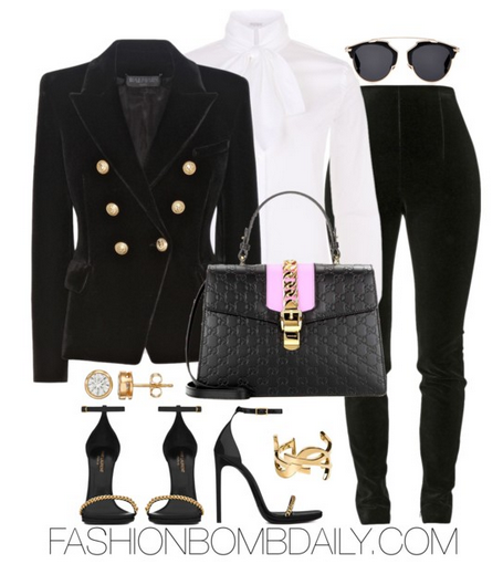 Fall 2016 Style Inspiration 4 Velvet Inspired Outfit Ideas Balmain Velvet Blazer Balmain Velvet Leggings Saint Laurent Classic Jane Sandal Gucci Signature Sylvie Shoulder Bag