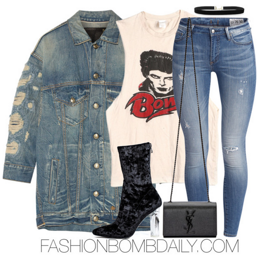 Fall 2016 Style Inspiration 4 Velvet Inspired Outfit Ideas R13 Oversized Distressed Denim Jacket MadeWorn David Bowie Tank Saint Laurent Shoulder Black Monogram Kate Chain Bag