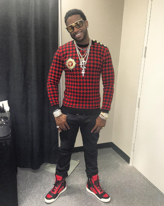 Gucci Mane vs. Young Jeezy in Balmain Red Checkered Gold Button Patch Sweater
