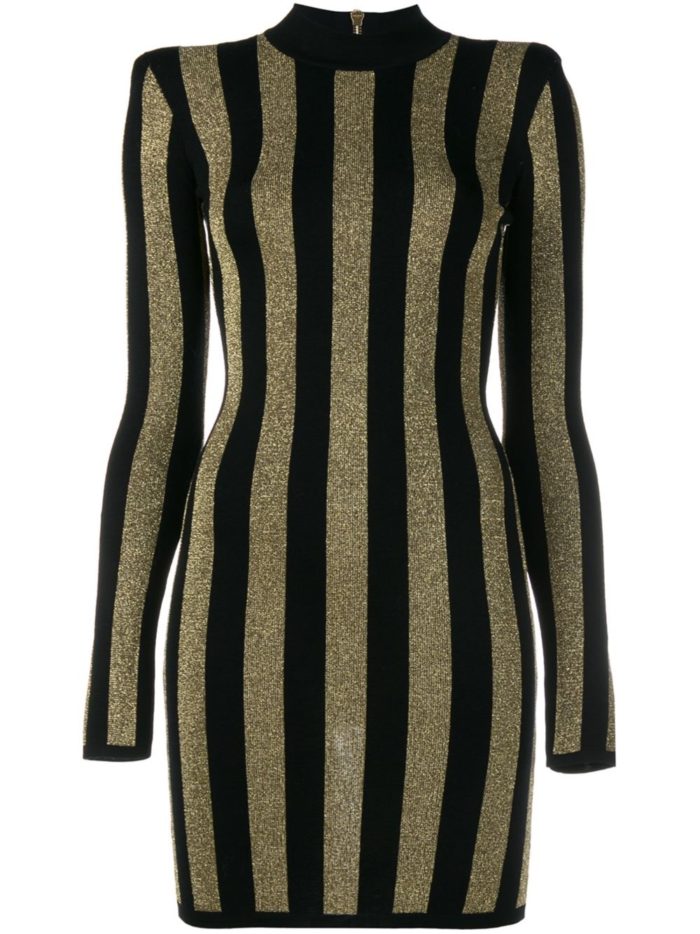 Splurge: Khloe Kardashian’s Miami Balmain Gold and Black Striped Mini Dress