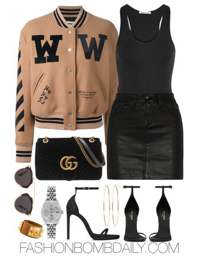 Summer 2016 Style Inspiration 4 Fab Summer to Fall Outfit Ideas Off-White Varsity Jacket Saint Laurent Classic Jane Sandal Gucci GG Marmont Quilted Shoulder Bag