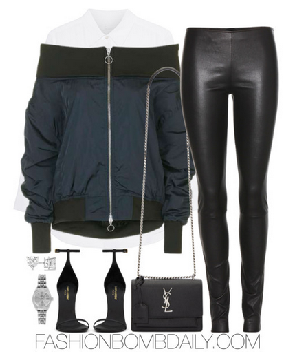 Summer 2016 Style Inspiration 4 Fab Summer to Fall Outfit Ideas Topshop Off the Shoulder Bomber Jacket by Boutique The Row Moto Leather Leggings Saint Laurent Small Monogram Chain Bag
