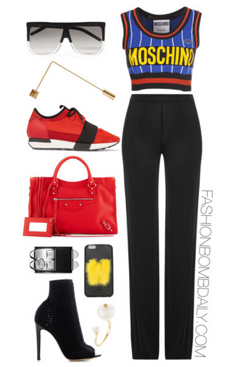 What to Wear to New York Mercedes Benz Fashion Week Moschino Logo Crop Top Emilio Pucci Straight Leg Pants Gianvito Rossi Vires Booties Balenciaga Classic City Bag