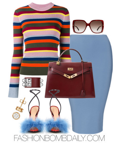 fall-2016-style-inspiration-4-ways-to-wear-the-multi-color-trend-house-of-holland-metallic-stripe-jumper-marco-de-vincenzo-feather-embellished-satin-sandals-gucci-oversize-square-frame-sunglasses