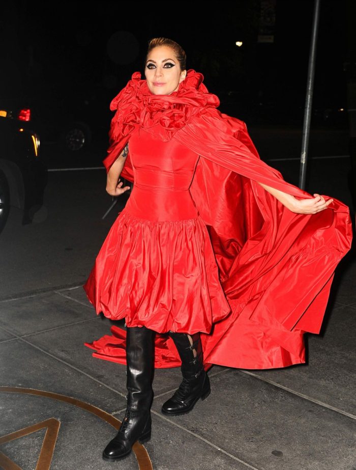 Hot! or Lady Gaga's New York City Valentino Couture Fall 2016 Red Ruffle Cape Train Dress and Black Boots