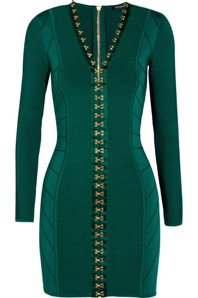 balmain-emerald-ribbed-stretch-knit-mini-dress