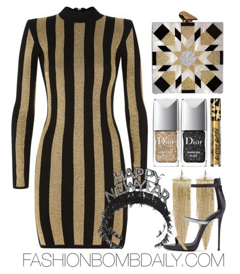 winter-2016-style-inspiration-what-to-wear-for-new-years-eve-balmain-striped-lurex-dress-giuseppe-zanotti-harmony-sandal-kotur-fitzgerald-geometric-clutch