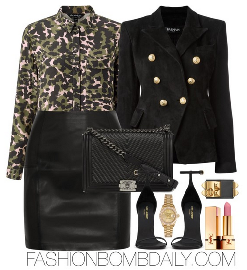 winter-2017-style-inspiration-4-stylish-ways-to-wear-camo-balmain-suede-fitted-blazer-blk-dnm-leather-mini-skirt-saint-laurent-classic-jane-sandal-chanel-quilted-chevron-boy-shoulder-bag