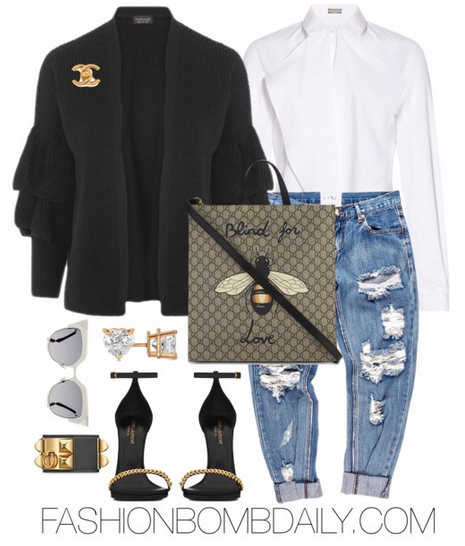 winter-2017-style-inspiration-4-ways-to-rock-statement-sleeves-topshop-ruffle-sleeve-cardigan-saint-laurent-classic-jane-ankle-strap-chain-sandal-gucci-bee-gg-supreme-canvas-tote