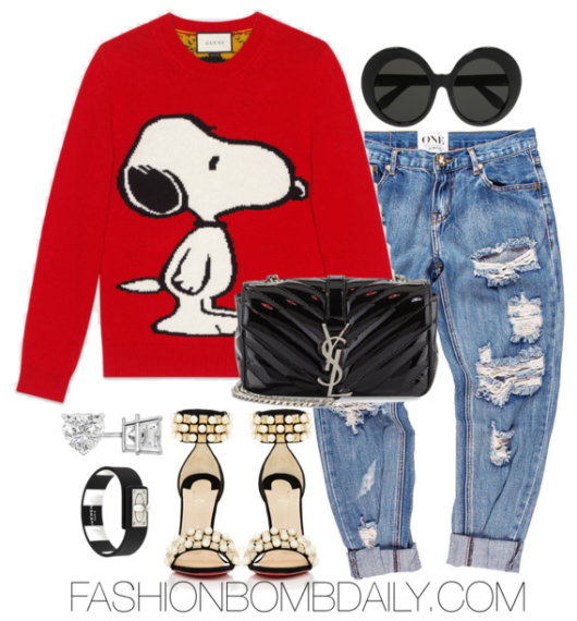 winter-2017-style-inspiration-5-ways-to-wear-a-critter-embroidered-sweater-gucci-snoopy-sweater-saint-laurent-v-flap-patent-leather-shoulder-chain-bag-christian-louboutin-tudor-bal-sandal