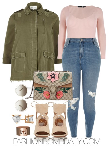 Spring 2017 Style Inspiration 5 Curvy Girl Approved Outfit Ideas River  Island Distressed Army Jacket Boohoo Plus Matilda Ribbed Bodysuit Aquazzura  Sexy Thing Booties Gucci Dionysus Embellished Bag – Fashion Bomb Daily
