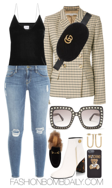 Fall 2017 Style Inspiration 3 Fashion Week Inspired Outfit Ideas Stella  McCartney Blazer Frame Denim Skinny Jeans Stella McCartney Ankle Boots Gucci  Velvet Belt Bag