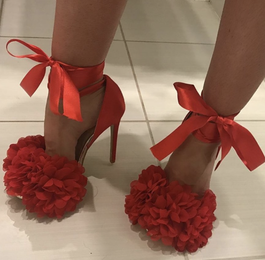 Pommy Enigma Red Floral Ribbon Heels 